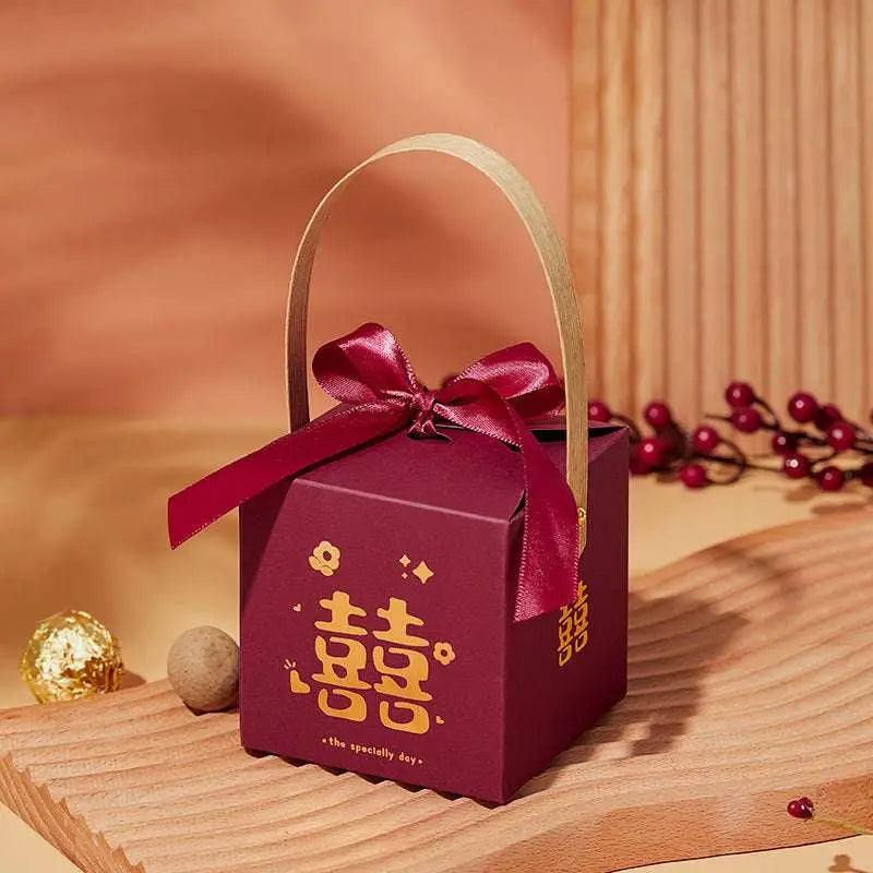 Maroon Minimalist Wedding Candy Gift Box with Gold Handle
