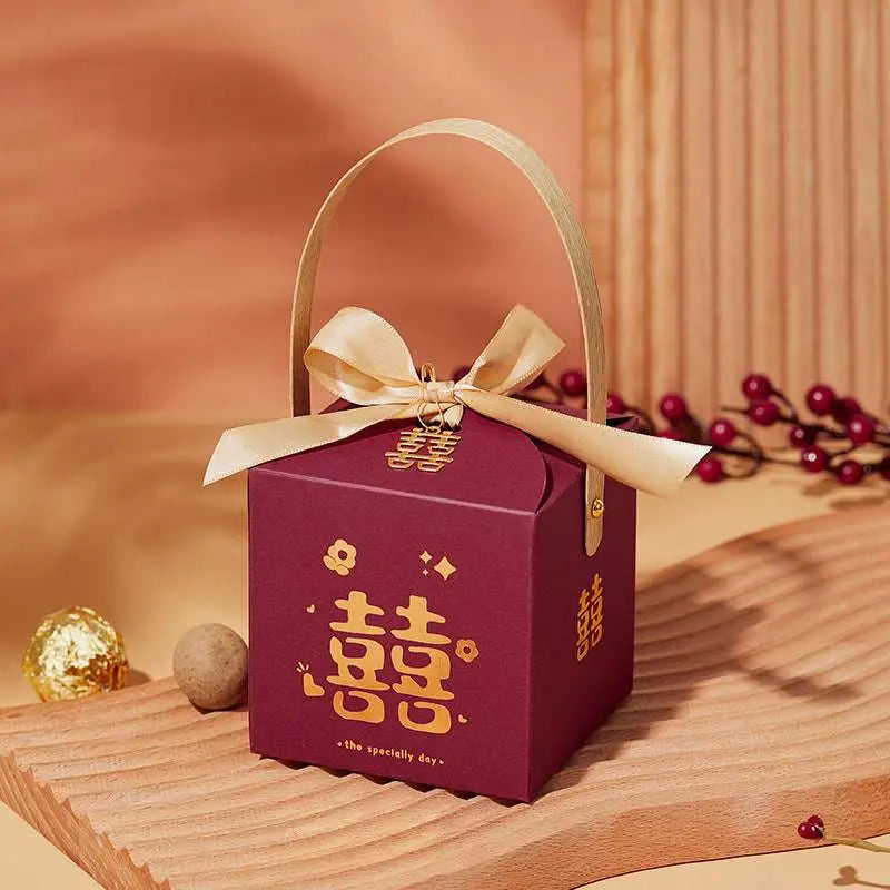 Maroon Minimalist Wedding Candy Gift Box with Gold Handle