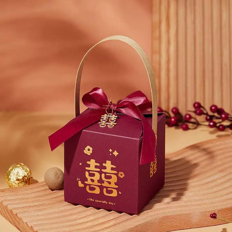 Maroon Minimalist Wedding Candy Gift Box with Gold Handle