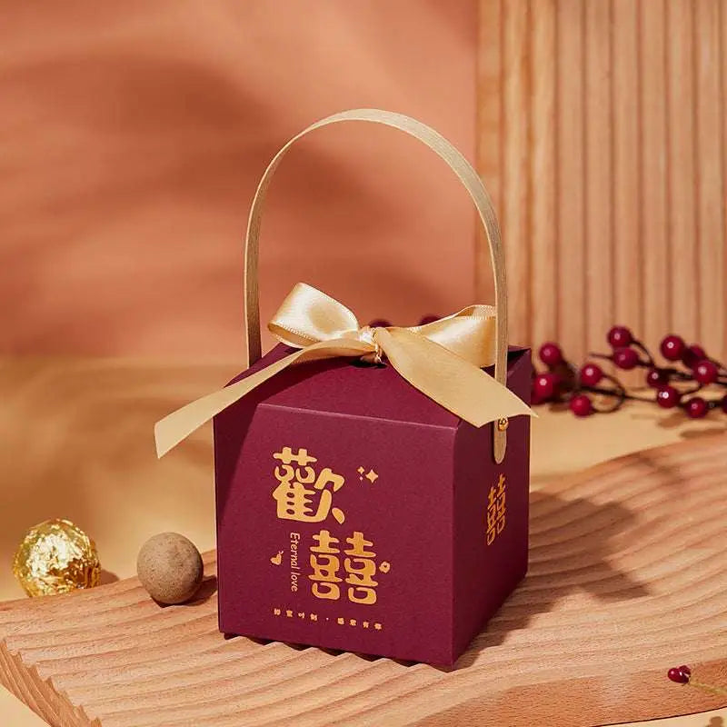 Maroon Minimalist Wedding Candy Gift Box with Gold Handle