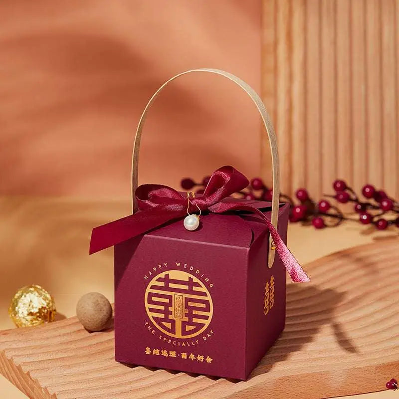 Maroon Minimalist Wedding Candy Gift Box with Gold Handle