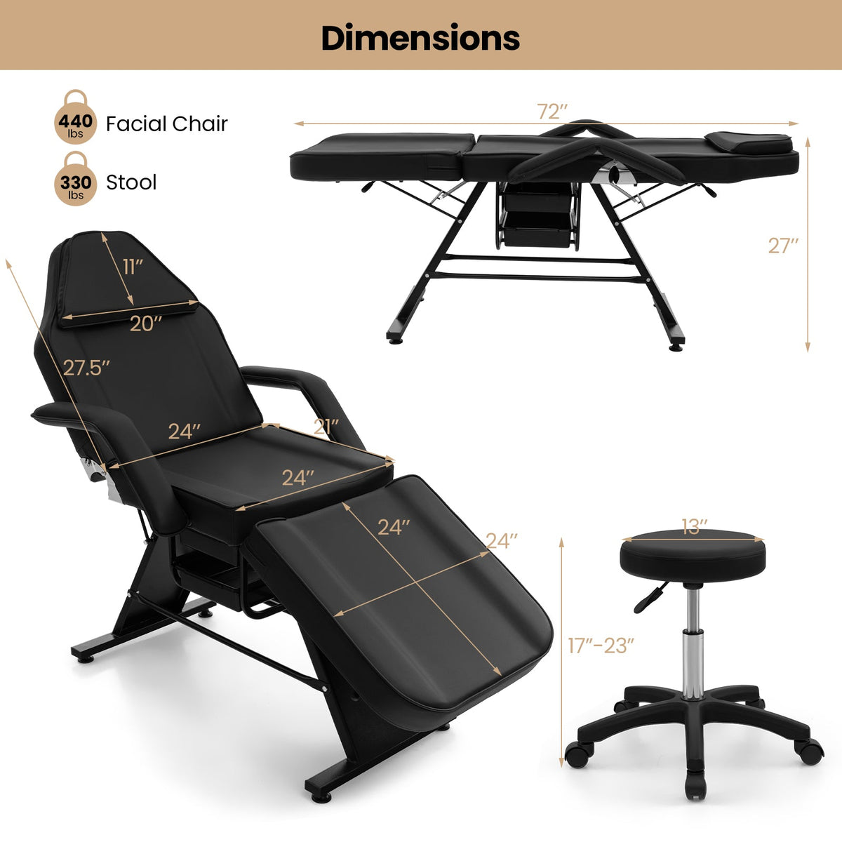 72 Inch Massage Bed with Hydraulic Stool Removable Headrest and Storage Boxes
