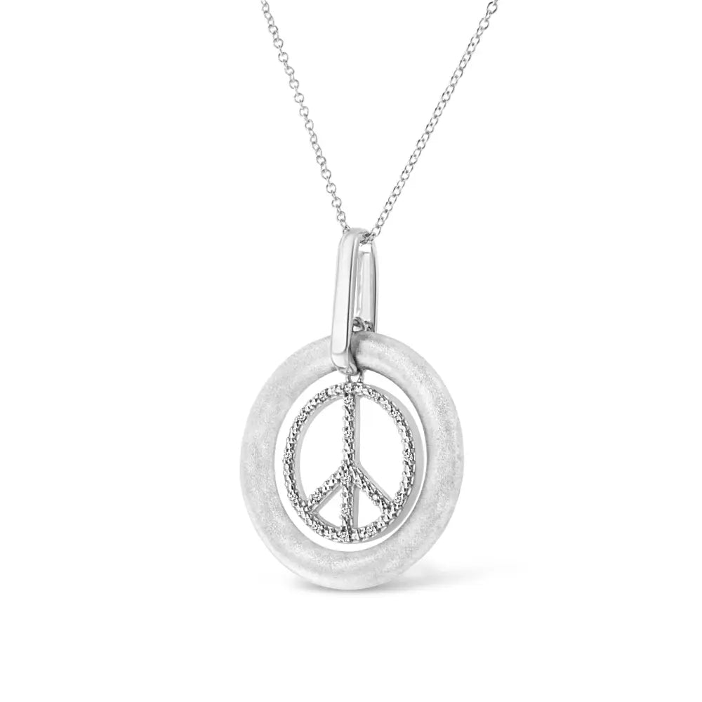 Matte Sterling Silver Peace Sign Diamond Pendant Necklace 1/20 Cttw 18