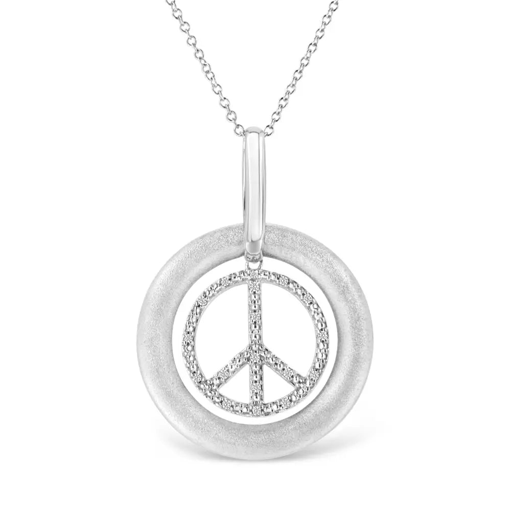 Matte Sterling Silver Peace Sign Diamond Pendant Necklace 1/20 Cttw 18