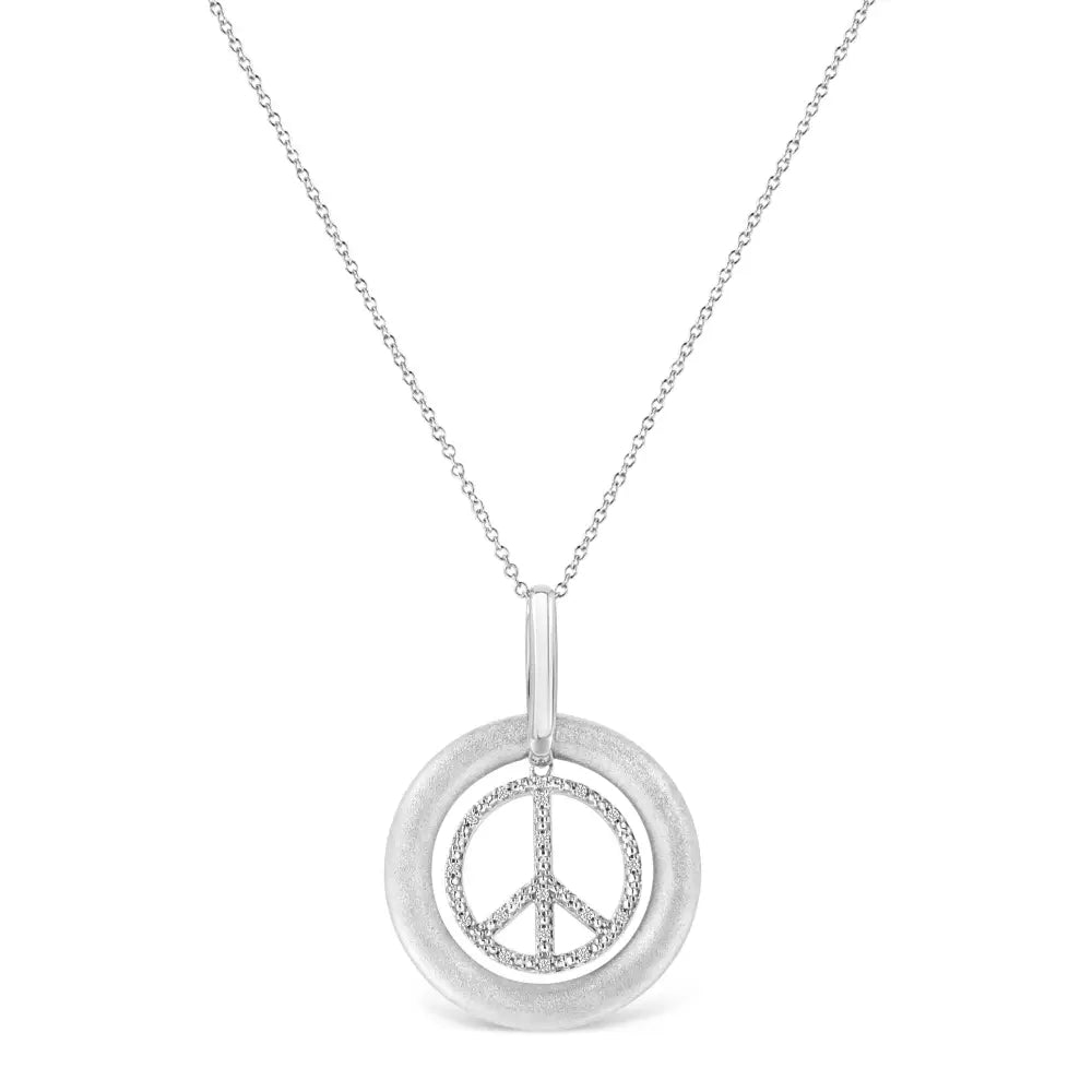 Matte Sterling Silver Peace Sign Diamond Pendant Necklace 1/20 Cttw 18