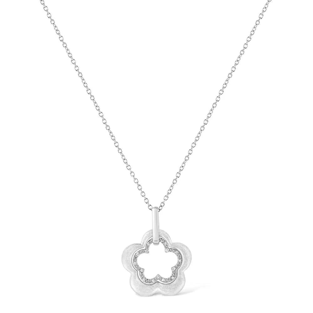 Satin Sterling Silver Double Flower Diamond Pendant Necklace 1/20 Cttw