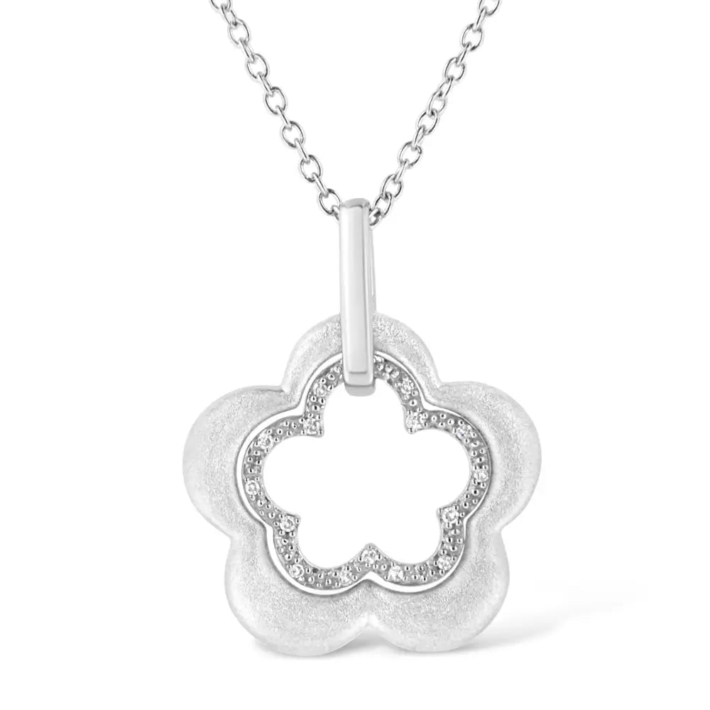 Satin Sterling Silver Double Flower Diamond Pendant Necklace 1/20 Cttw