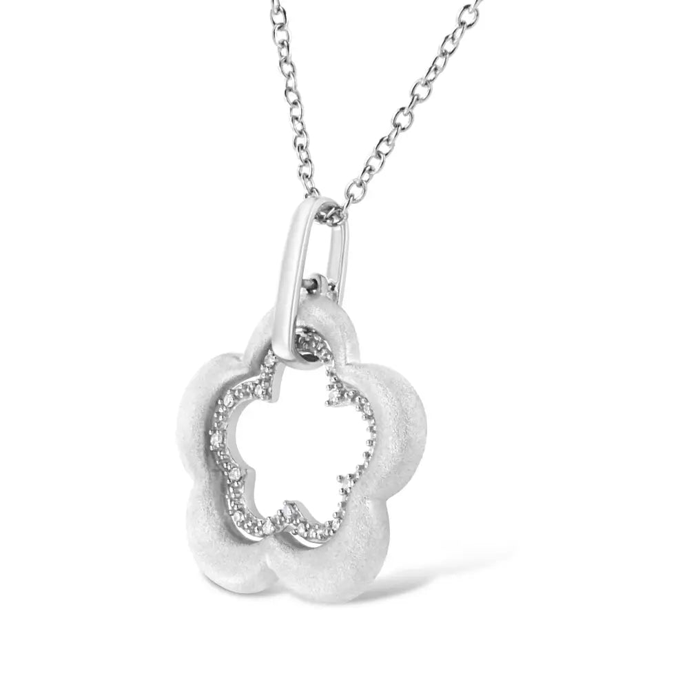 Satin Sterling Silver Double Flower Diamond Pendant Necklace 1/20 Cttw