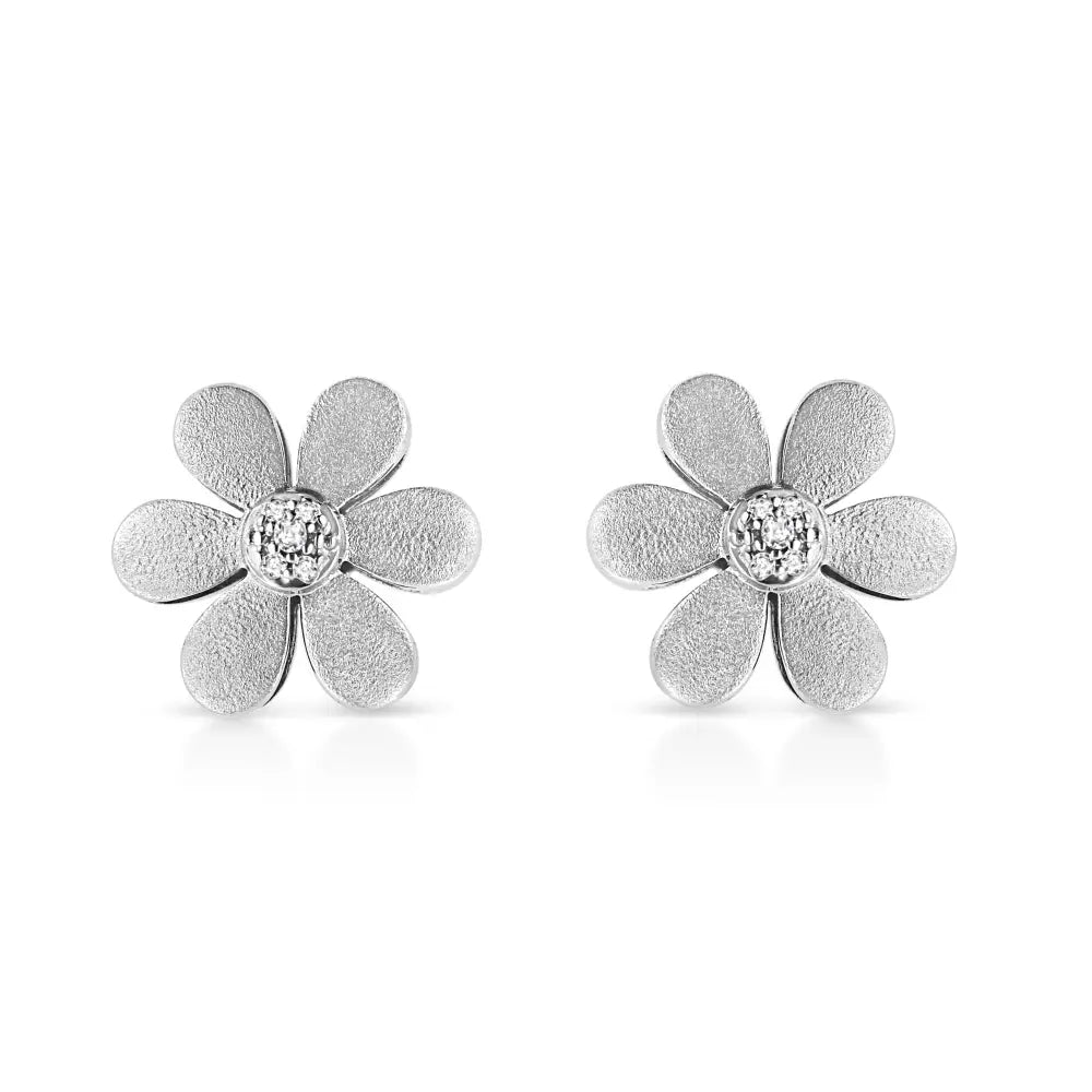Diamond Flower Stud Earrings in Matte Sterling Silver 1/20 Cttw