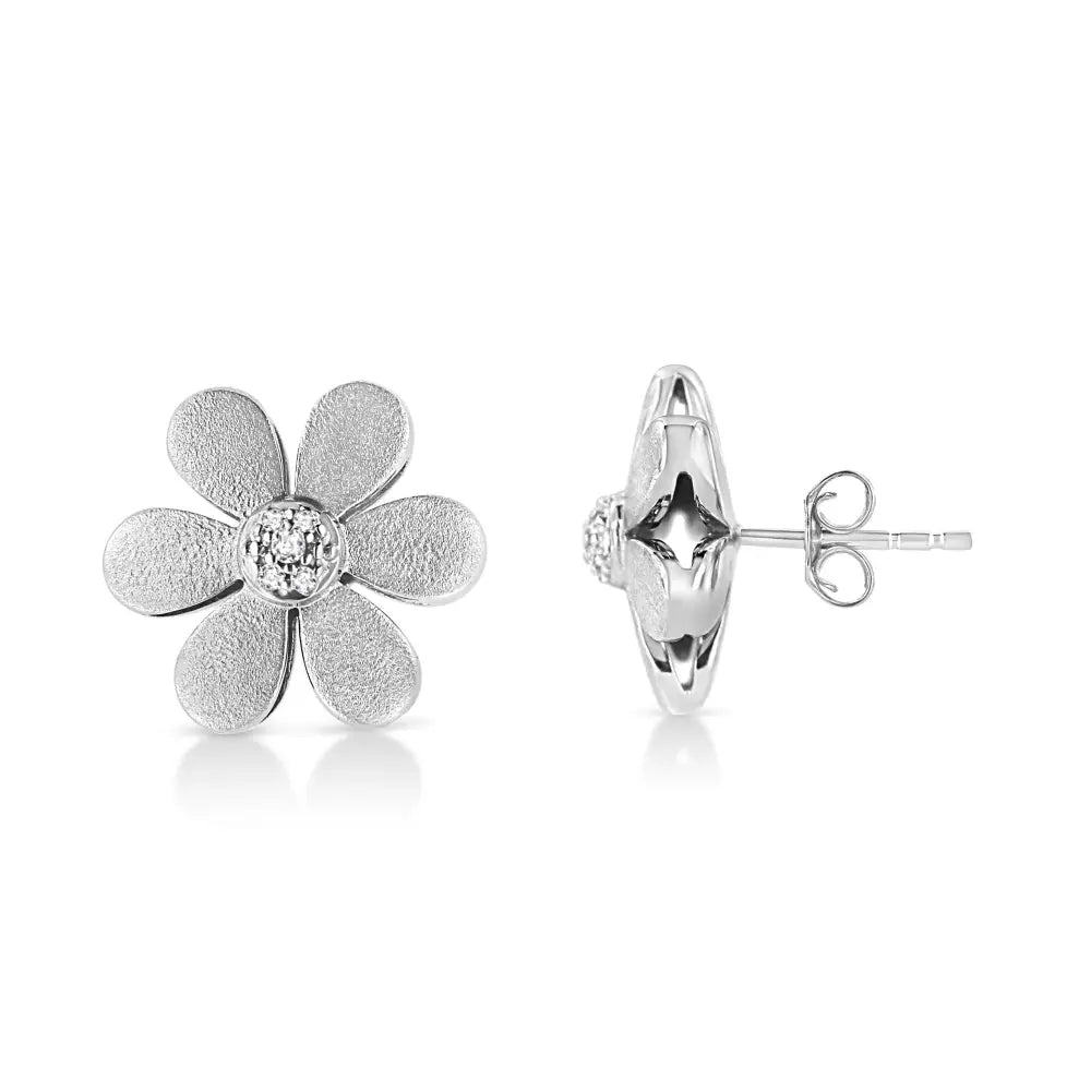 Diamond Flower Stud Earrings in Matte Sterling Silver 1/20 Cttw