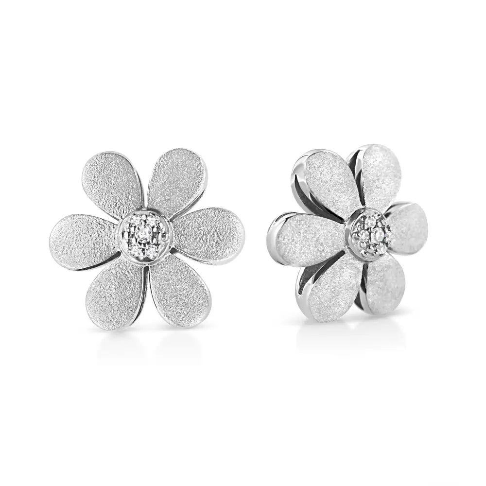 Diamond Flower Stud Earrings in Matte Sterling Silver 1/20 Cttw