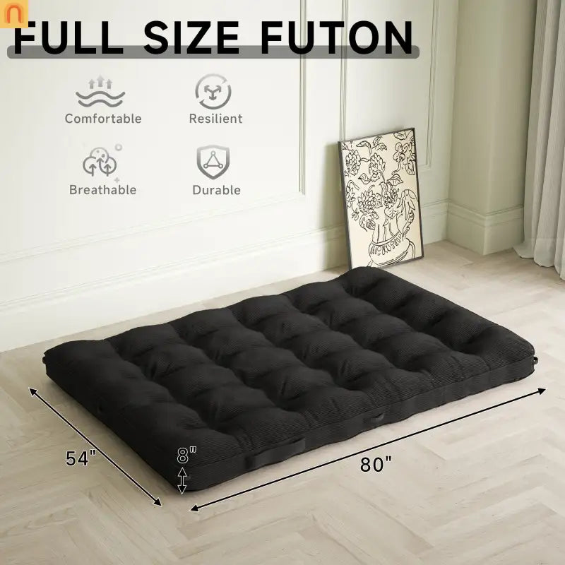 Mattress Floor Foldable Corduroy Black 8in Full XL Anti-Slip