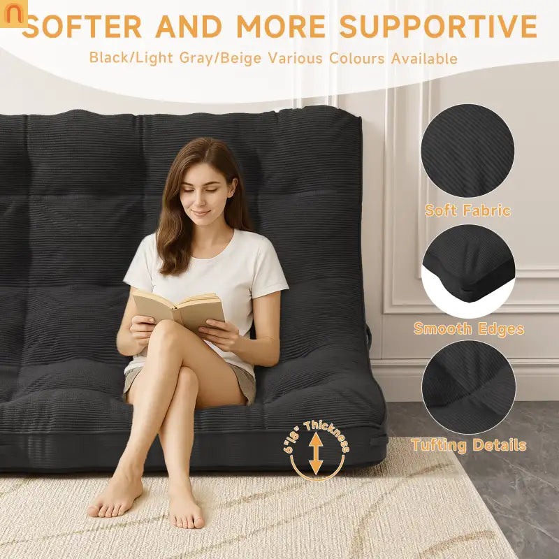 Mattress Floor Foldable Corduroy Black 8in Full XL Anti-Slip