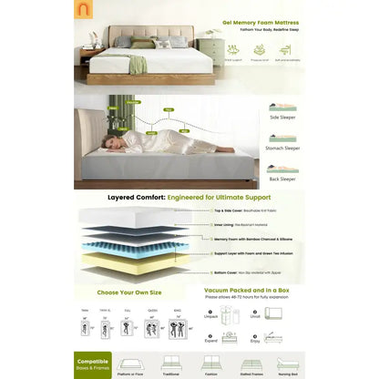Mattress Memory Foam Twin 10in Cooling Gel Green Tea Washable Cover