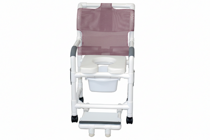 MJM International 118-3TW-DDA-SF-SQ-PAIL Shower chair 18" internal width, open front seat, 3" twin casters, with double drop arms, slide out footrest and 10 qt slide out square commode pail, 300 lbs weight capacity