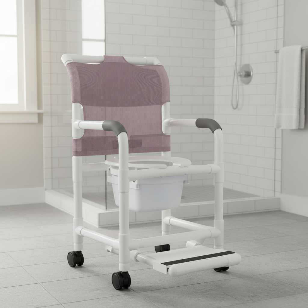 MJM International 118-3TW-DDA-SF-SQ-PAIL Shower chair 18" internal width, open front seat, 3" twin casters, with double drop arms, slide out footrest and 10 qt slide out square commode pail, 300 lbs weight capacity