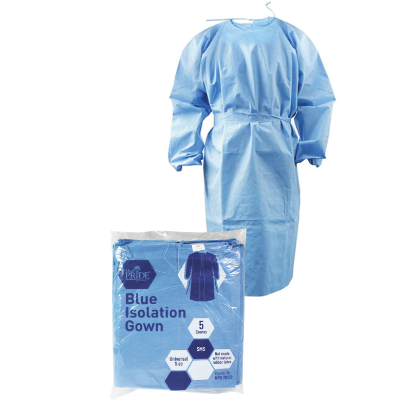 MedPride Protective Isolation Gowns Impervious, Universal Size - Blue - 5 Gowns/Pack, Case of 10 (50 Count)
