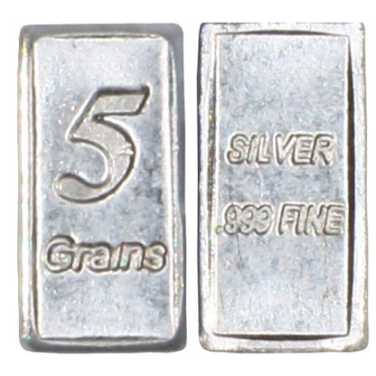 Set of 5 Pure Solid Silver Bars – .999 Fine, 5 Grain Each, Over 1 Gram Total