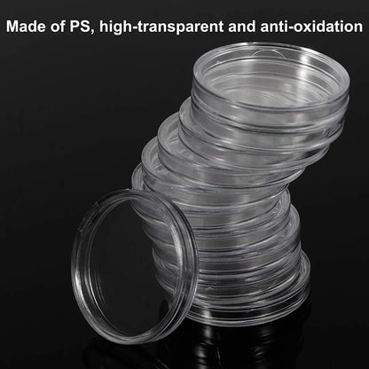 100 Pieces Case Holder for Collectors 30mm Silver Gold Bar Plastic Rounds Coins Capsules Covers with Storage Organizer Box for Copper Pesos Quarters Pennies Dimes Collection Supplies
