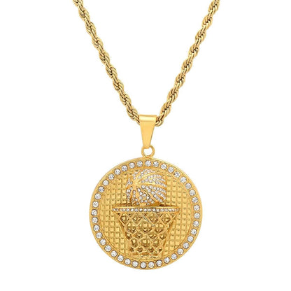 Men's 18k Gold Plated Stainless Steel and Simulated Diamonds Round Basketball Pendant