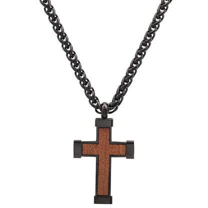 Men's Black IP Stainless Steel and Wood Cross Pendant
