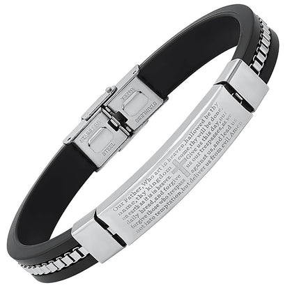 Men's Black Rubber and Stainless Steel Box Inlay Chain Our Father Prayer Bracelet