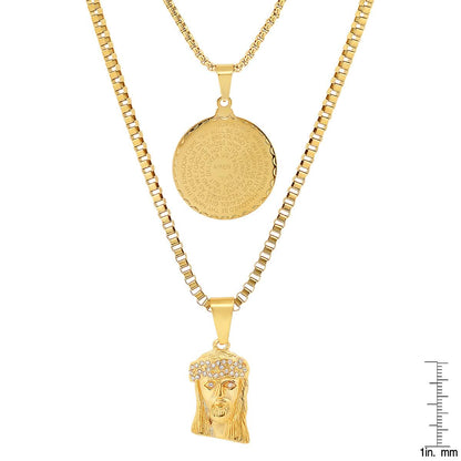 Men's Box Chain Double Row Pendant and Jesus Head Necklace