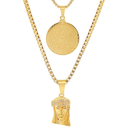 Men's Box Chain Double Row Pendant and Jesus Head Necklace