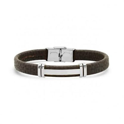 Men's Stainless Steel and Brown Leather ID Bracelet