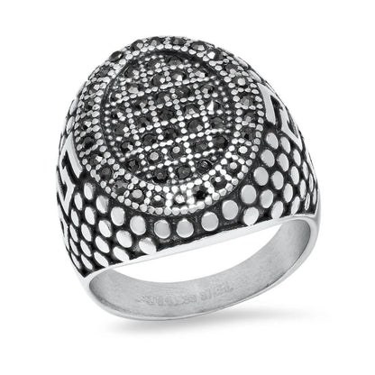 Men's Stainless Steel, Black IPand Gray CZ Pebble & Greek Key Accented Ring