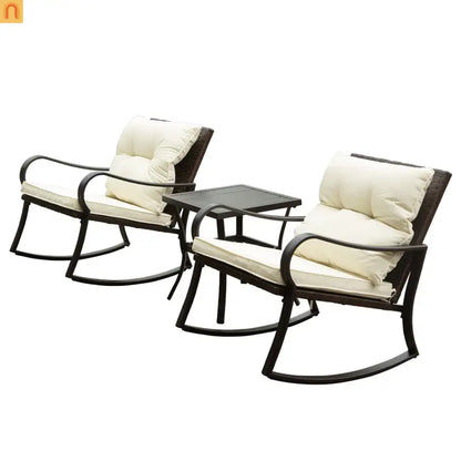 Outdoor Rocking Chair Set Metal White PE Wicker Cushion 2 Piece