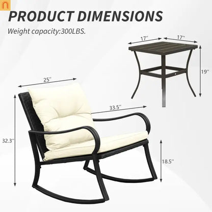 Outdoor Rocking Chair Set Metal White PE Wicker Cushion 2 Piece