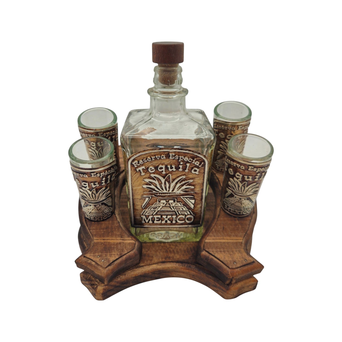 Mexican Tequila Decanter Set | Rustic Horseshoe Wood Display