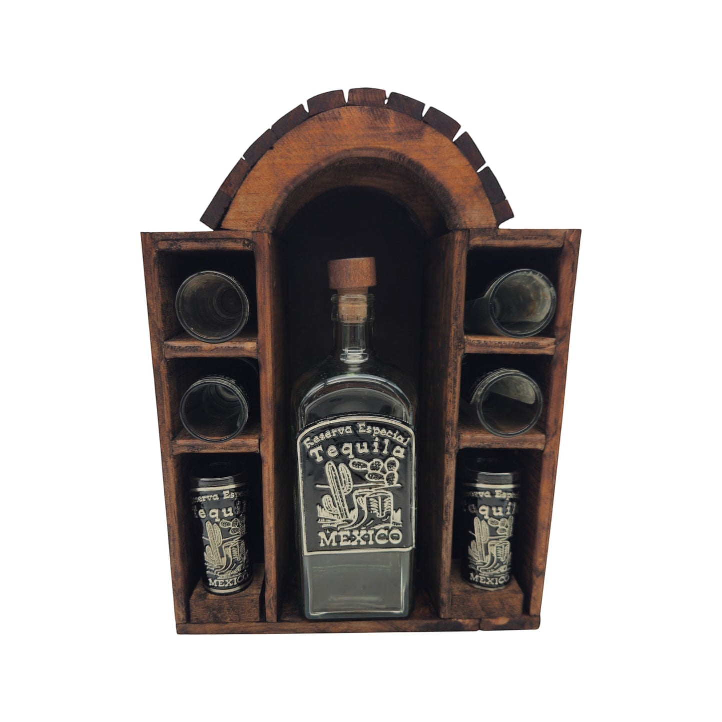 Mexican Tequila Decanter Set | 6 Shot Glasses & Wooden Display