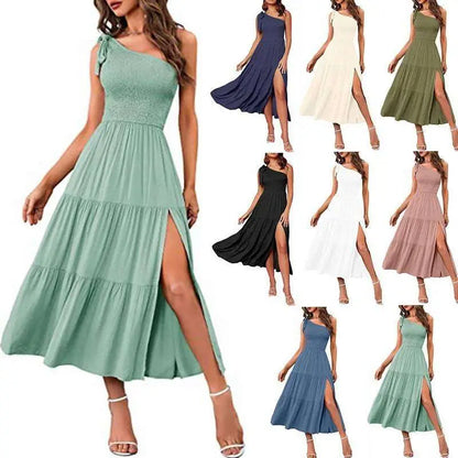 Mint Green Pleated Layered Hem Split Dress