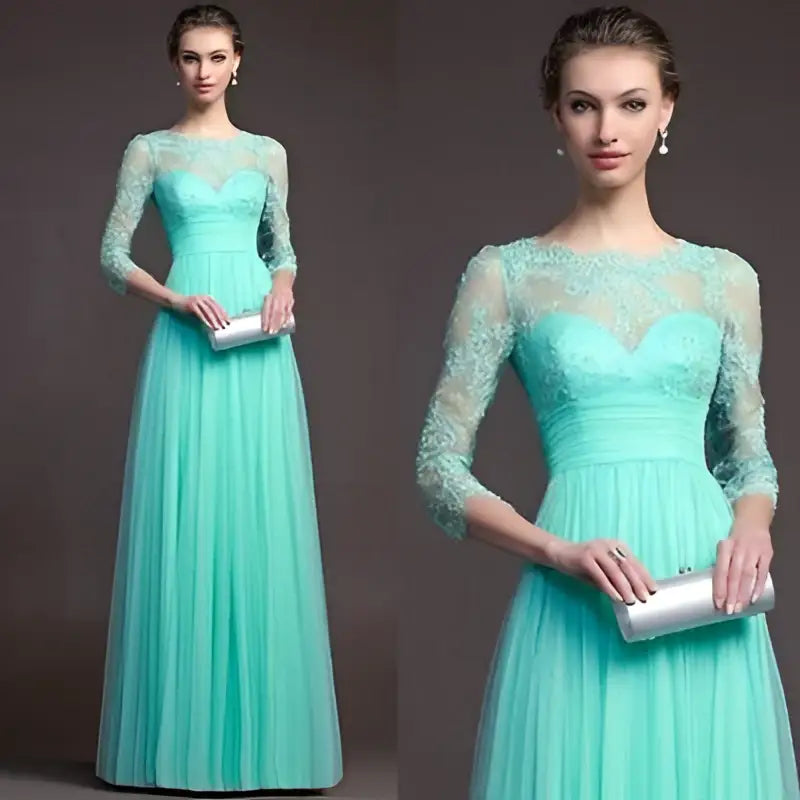 Mint Green Three-Quarter Long Sleeve Lace Gown