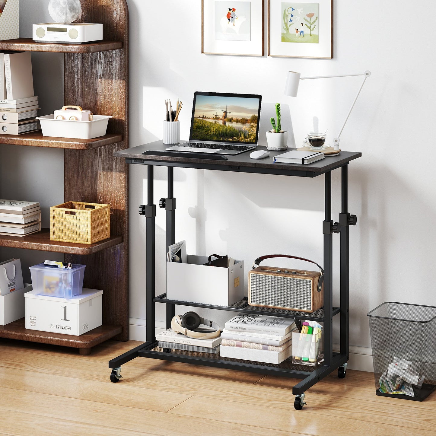 Mobile Stand up Desk Height Adjustable Standing Table with Tilting Tabletop