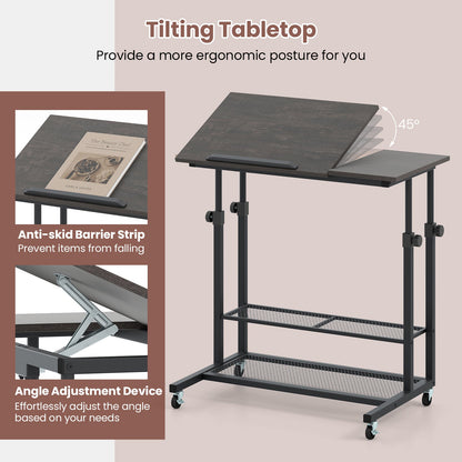Mobile Stand up Desk Height Adjustable Standing Table with Tilting Tabletop