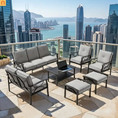 Outdoor Patio Set 8 Piece Steel Black Gray Seats 9