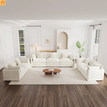 Sofa Set Modular Chenille White Deep Seat 7-Seat 3-Piece