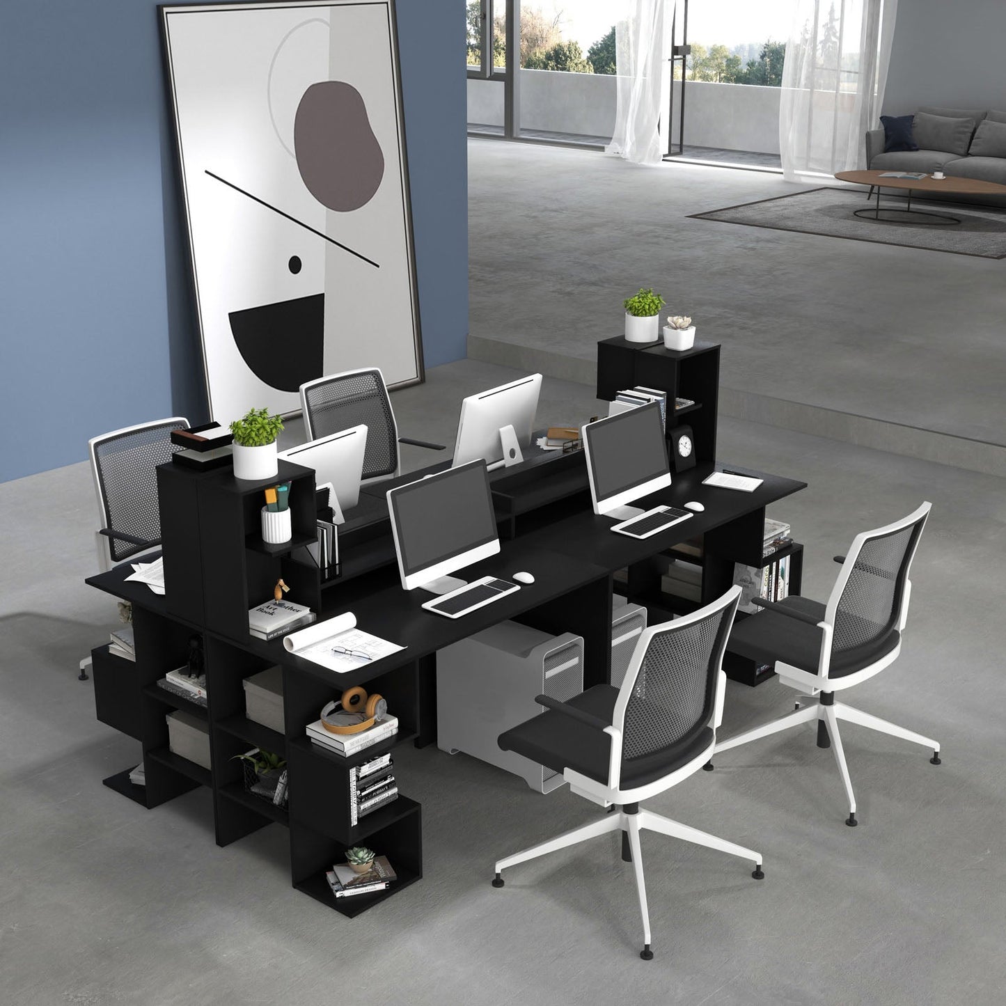 Modern Computer Desk with Storage Bookshelf and Hutch for Home Office
