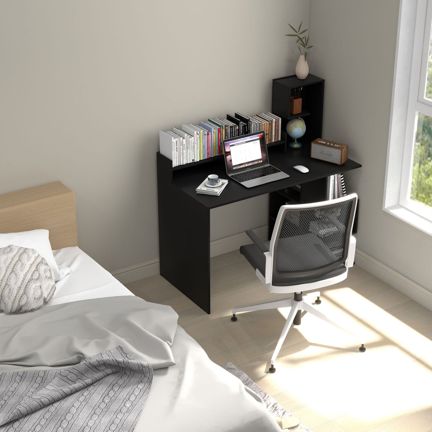 Modern Computer Desk with Storage Bookshelf and Hutch for Home Office