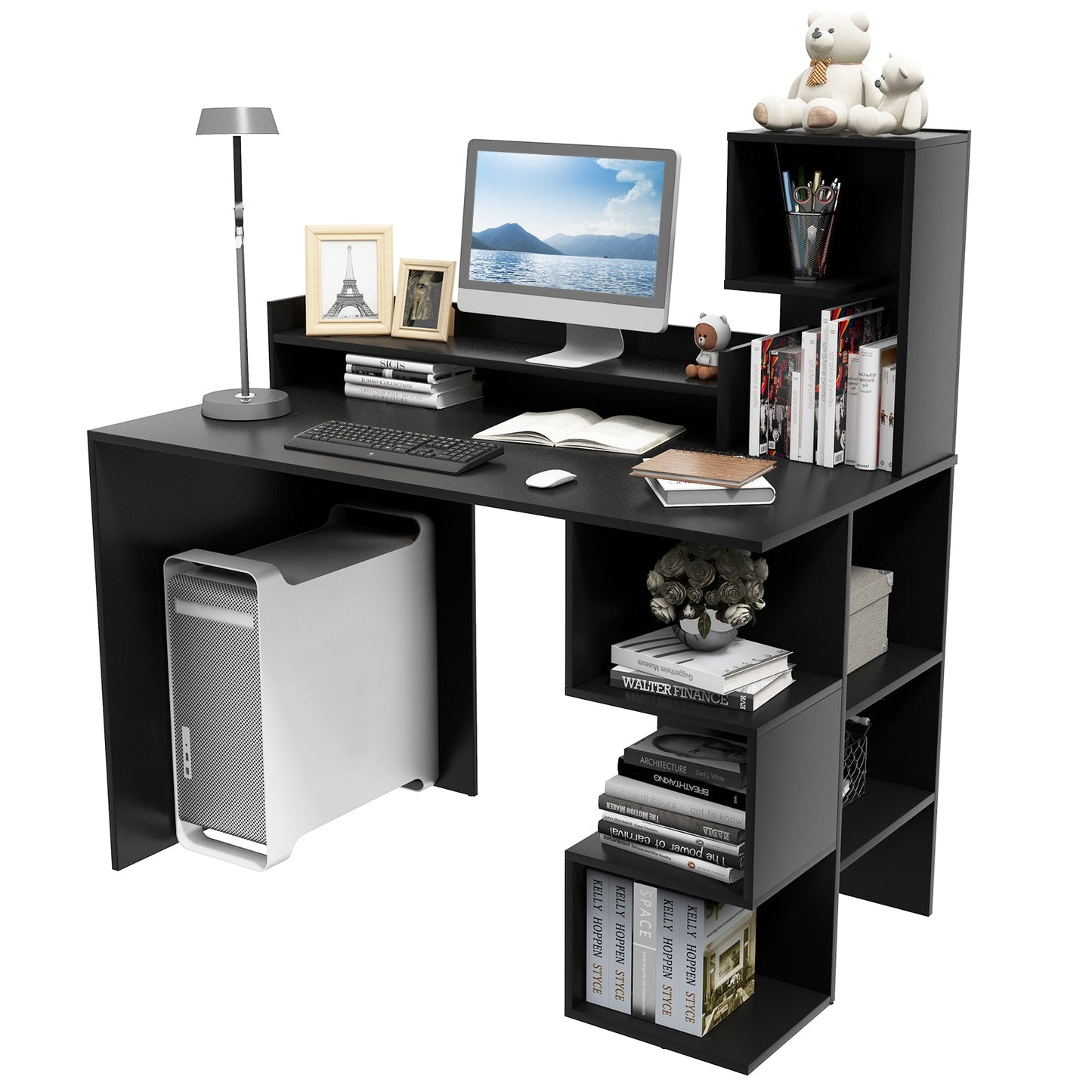 Modern Computer Desk with Storage Bookshelf and Hutch for Home Office
