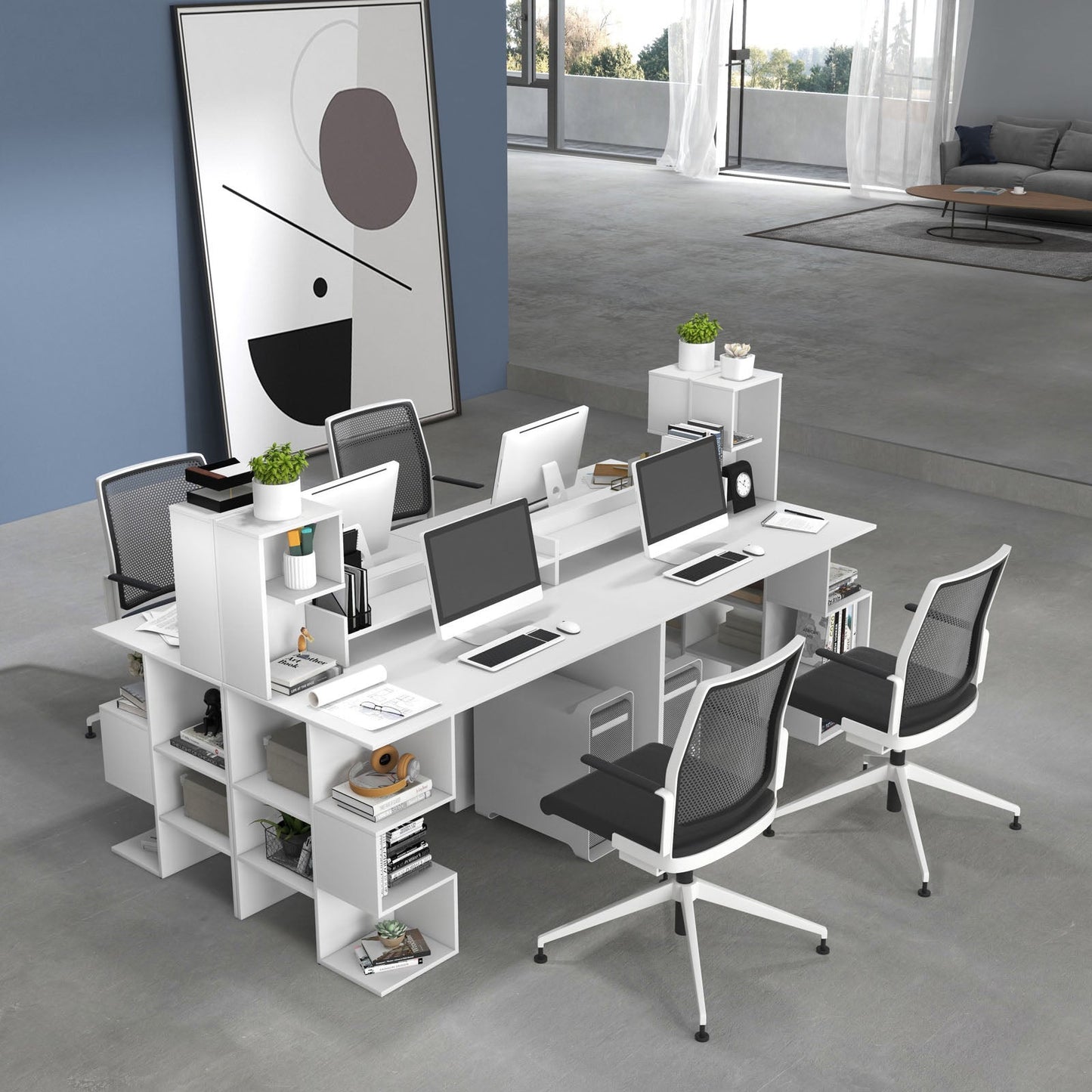 Modern Computer Desk with Storage Bookshelf and Hutch for Home Office
