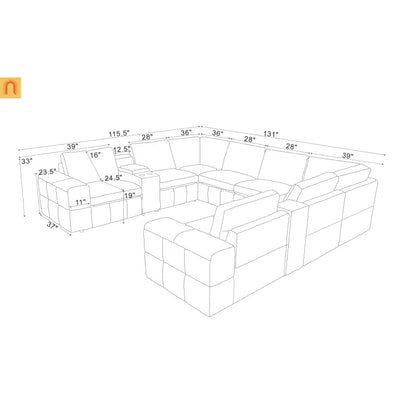 Sectional Modular Leather Match Olive Green Square Arm 8-Seat 131in