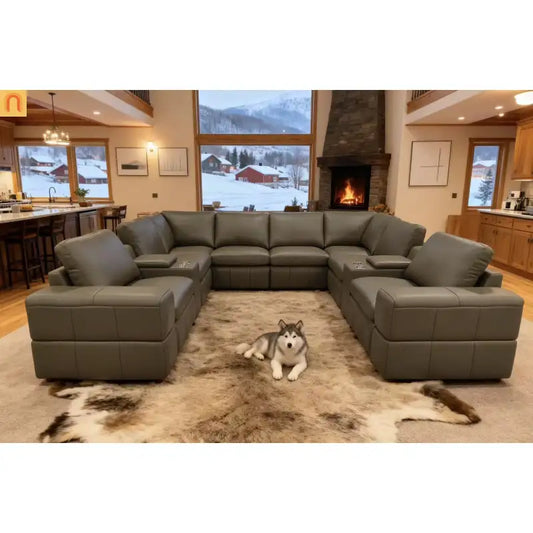 Sectional Modular Leather Match Olive Green Square Arm 8-Seat 131in