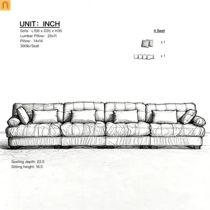 Sectional Sofa Cloud Modular Flannelette Beige 4 Seat 158 In 4 Pillows