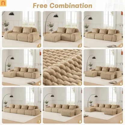 Sectional Sofa Modular Flannelette Light Camel 3 Seat Curved Footrest