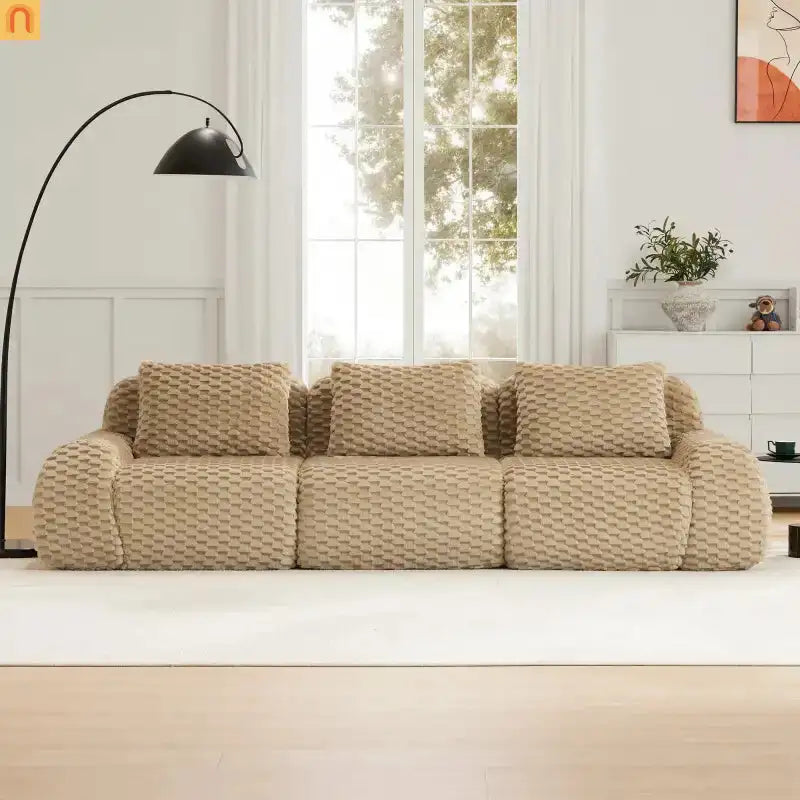 Sectional Sofa Modular Flannelette Light Camel 3 Seat Curved Footrest