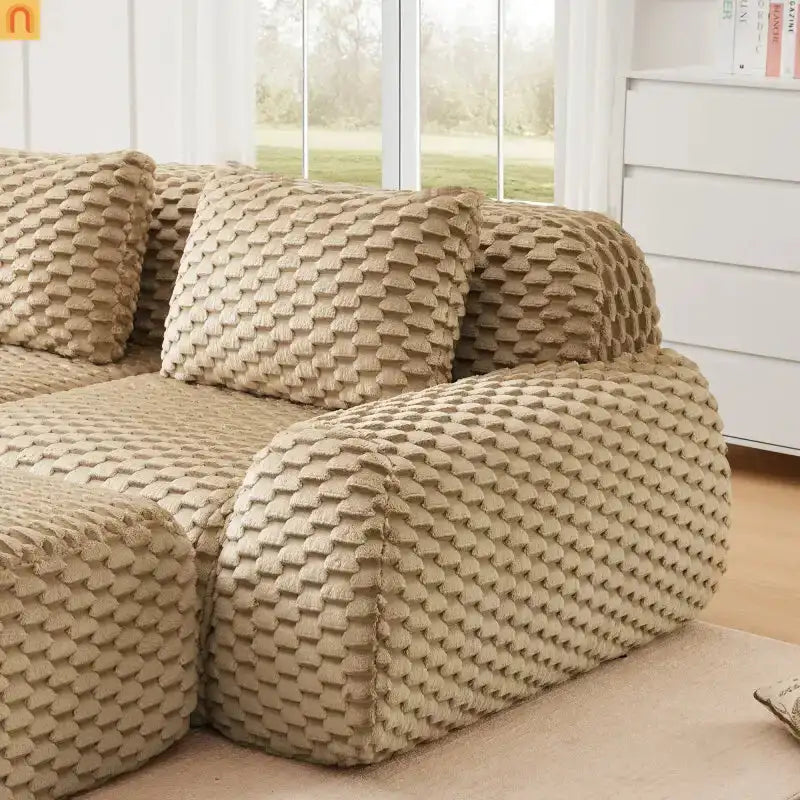 Sectional Sofa Modular Flannelette Light Camel 3 Seat Curved Footrest